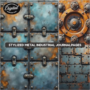 Peut inclure: Fichier de téléchargement numérique présentant des pages de journal industrielles en métal stylisé. L'image montre des gros plans de panneaux métalliques rivetés avec un aspect vieilli et rouillé. La palette de couleurs comprend des nuances de bleu, d'orange et de marron, avec le texte "STYLED METAL INDUSTRIAL JOURNALPAGES".