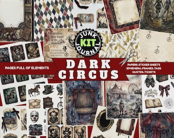 Dark Circus Junk Journal Kit Griezelig carnaval Ephemera, macabere circus digitaal papier gotisch plakboek Tags en kaartjes Clown