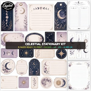 May include: A digital celestial stationery kit featuring various tags, labels, and note pages with moon phases, stars, and floral motifs in shades of navy blue, purple, and cream. The text reads CELESTIAL STATIONARY KIT 15 PAGES READY TO PRINT 300DPI A4 JPG HI RES 2K.