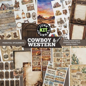Könnte beinhalten: Eine Collage von Scrapbook-Elementen im Vintage-Stil mit Cowboy- und Western-Thema. Enthält Aquarellillustrationen einer Scheune, einer Wüstenlandschaft, Cowboy-Stiefeln und verschiedene Ephemera wie Tags, Tickets und Zitat-Aufkleber. Der Text "Cowboy & Western" ist zu sehen.