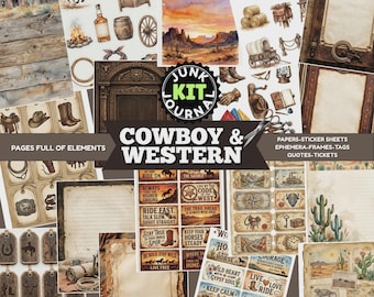 Pode incluir: Uma colagem de elementos de scrapbook em estilo vintage com tema de cowboy e western. Inclui ilustrações em aquarela de um celeiro, paisagem desértica, botas de cowboy e vários elementos efêmeros, como etiquetas, bilhetes e adesivos de citações. O texto "Cowboy & Western" é visível.