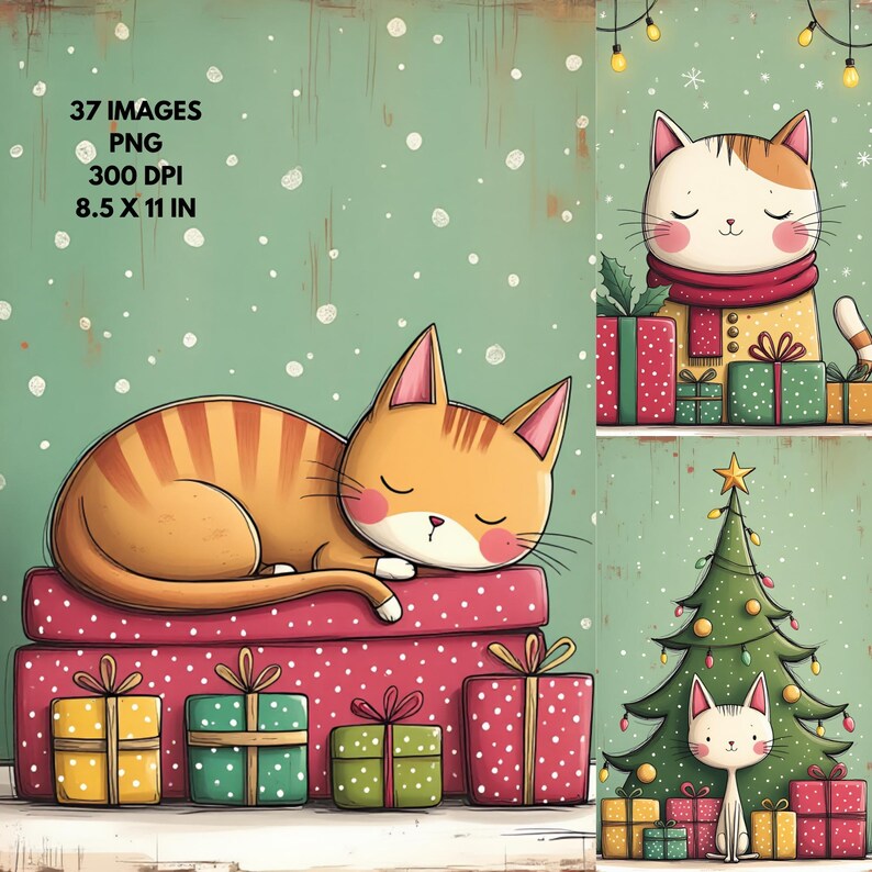 Christmas Cat Digital Paper Pack | Holiday Backgrounds Cute Cat Junk ...
