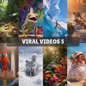 Puede incluir: Un collage de imágenes animadas con varios animales y escenas. Las imágenes incluyen un camaleón, un pingüino, una nutria, un loro, un zorro ártico, un colibrí y un cangrejo. El texto "VIRAL VIDEOS 5" se muestra en el centro de la imagen.
