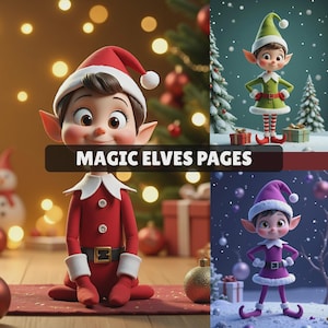 May include: A collage of four images featuring cartoon elves in festive outfits. The elves wear red, green, and purple outfits with matching hats. The text "MAGIC ELVES PAGES" is displayed across the images. The background includes Christmas trees, gifts, and decorative lights.