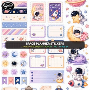 May include: A digital collection of space-themed planner stickers featuring astronauts, rockets, planets, stars, and moons in pastel colors. The sheet includes rectangular labels, circular icons, and decorative strips with text reading SPACE PLANNER STICKERS.