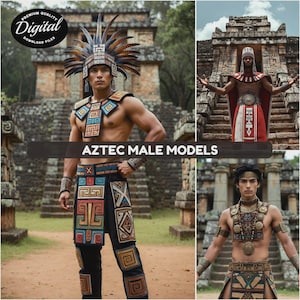 May include: A collage of Aztec male models in traditional attire. The models are wearing elaborate headdresses, jewelry, and patterned clothing. The image includes the text "AZTEC MALE MODELS" and "PREMIUM QUALITY DIGITAL DOWNLOAD FILES".