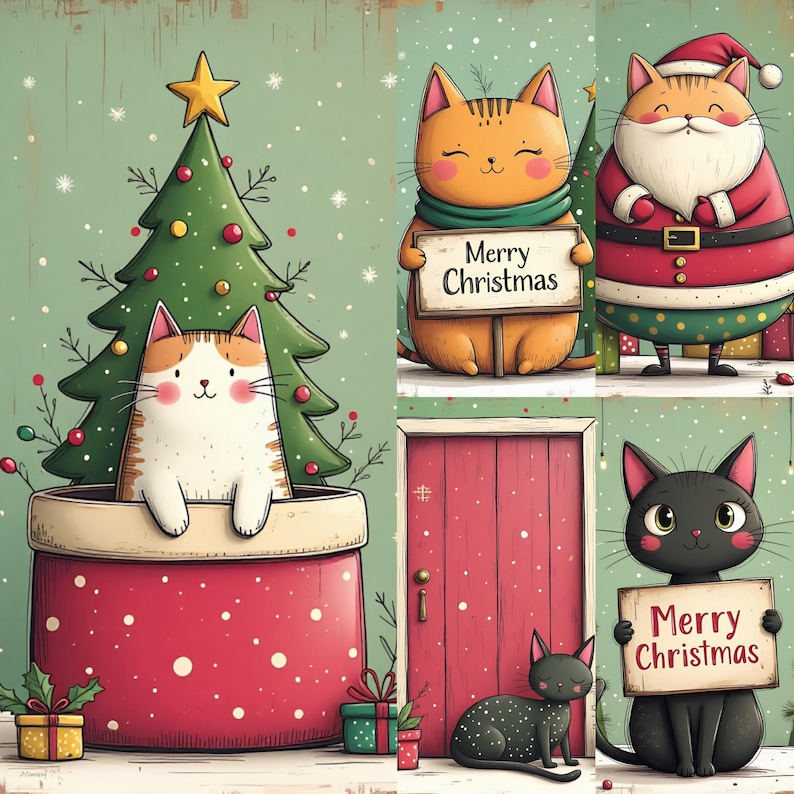 Christmas Cat Digital Paper Pack | Holiday Backgrounds Cute Cat Junk ...