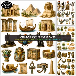 May include: A digital collection of Ancient Egypt themed illustrations featuring pyramids, the Sphinx, pharaohs, gods, hieroglyphic columns, a boat, a sarcophagus, an ankh, the Eye of Horus, jewellery, and chests, with text reading ANCIENT EGYPT FUSSY CUTS.