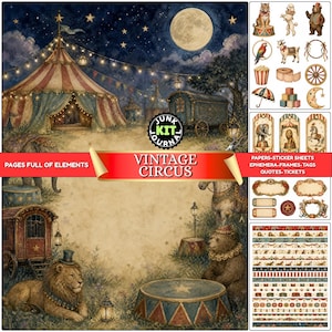 Vintage Circus Junk Journal Kit, Antique Carnival Printable Pages, Magical Night Circus Scrapbook Kit, Victorian Ephemera Pack, Junk Journal