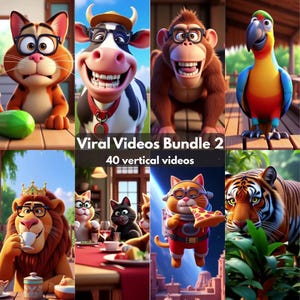 Puede incluir: Una imagen colorida con animales de dibujos animados, incluyendo un gato, una vaca, un mono y un tigre, todos con gafas. La imagen también incluye el texto "Viral Videos Bundle 2" y "40 vertical videos".