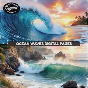 Ocean Waves Digital Paper Pack, Tropical Beach Scenery, Coastal Wall Art Images, Junk Journal Ephemera