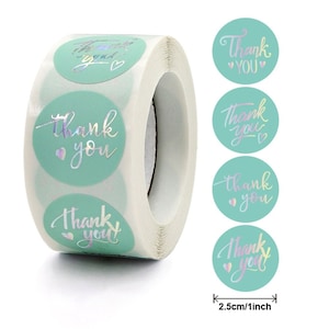 Seafoam and Silver - Thank You Sticker Roll, 500 Stickers roll, 1" Diameter Sticker, "Thank you", Iridescent Cursive, Blue Green Teal