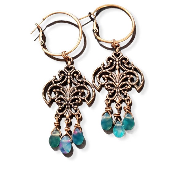 Natural Agate Tibetan Style Alloy Antique Copper tone Chandelier Hoop Earrings, Art Deco Style, 3 Drop Chandelier