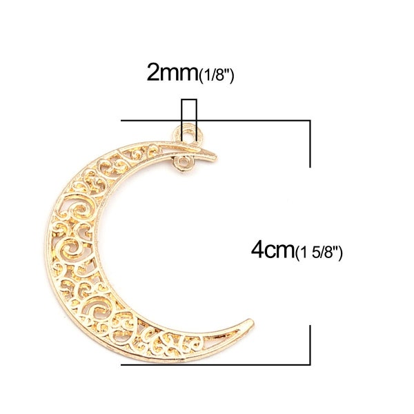 5 pieces LARGE Golden tone 40x31mm Crescent Moon Filigree Pendant with Dangle, Earring Pendant Finding, Wire Wrapping, Moon Star Charm