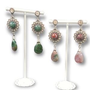 Indian Agate and Crystal Starburst Pear Dangle Chandelier Earrings, Choose Dark Pink or Green, Handmade Jewelry, Statement Earrings