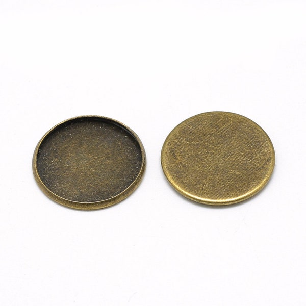 Alloy Antique Bronze Round Cabochon Bezel Tray, Set of 20 or 50, Jewelry Findings, Fits 20mm or 25mm Cabochons, Flat Tray NO loop