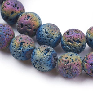 10mm or 6mm Genuine Lava Bead Multicolor Rainbow Strand, Electroplated Blue/Green/Purple/Bronze, Lightly Waxed, Hole 1- 1.5mm