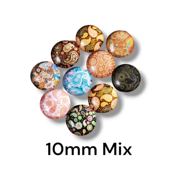 10mm, 12mm or 25mm Round Paisley Glass Cabochon Assorted Mix, Round Flat Back Cabochon,  Set of 10, 50 or 200, Mixed Lot for Jewelry Making