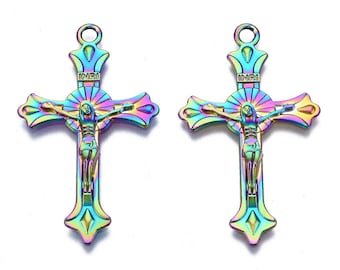 Rainbow Tone Metal Alloy Crucifix Cross Charm Pendant Set of 5, Large Cross Jewelry Supply, 37x21mm
