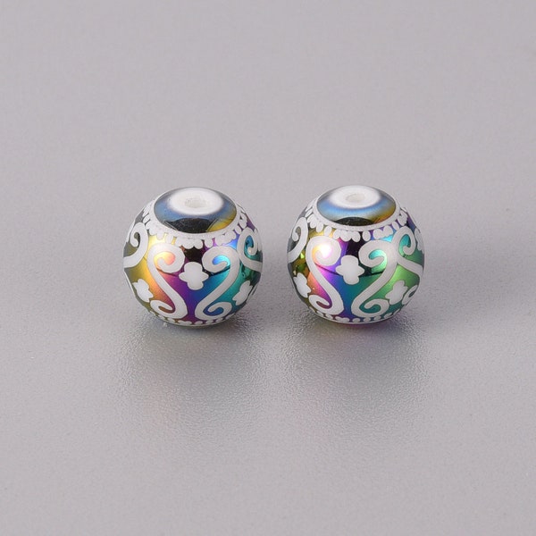 10mm Ornate Scrolling Electroplated Glass Bead, Hole 1.2mm, Set of 10 or 50 Loose Beads, Choose Color