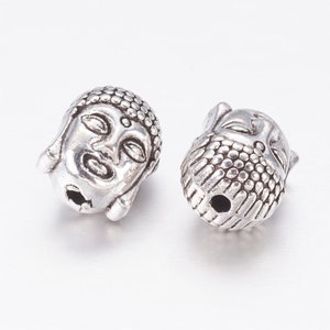 Tibetan Style Alloy Buddha Head Bead, Set of 10, Antique Silver Tone, 11mm, Hole 2mm, Beads for Earring, Pendant and Bracelet Making