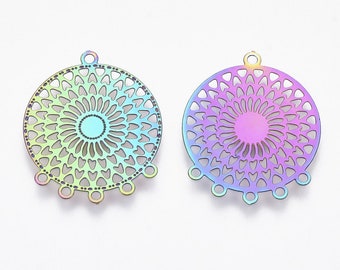 Rainbow Stainless Steel Filigree Disc Chandelier 5 Drop Component Set of 2, 20mm, Medium Chandelier Drop Pendant Component, Connector