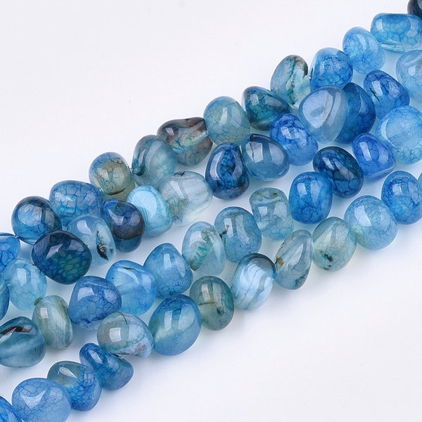 Natural Dragon Vein Agate Tumbled Stone Pebble Bead, 14.25" (About 45 pieces), Dyed Blue Genuine Agate, Hole 1.5mm, Choose 1 or 5 Strands