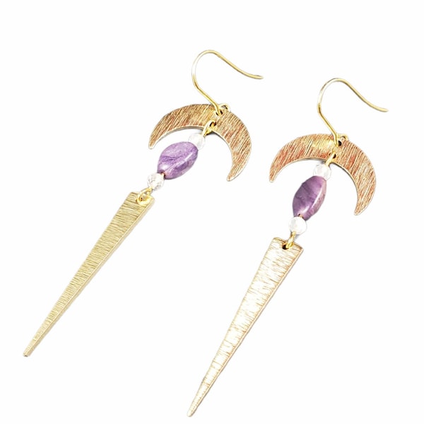 Natural Gemstone Crescent Moon Geometric Dagger Earrings, Dangle Brass Earrings, Golden Stainless Steel Wires, Purple Sugalite and Moonstone