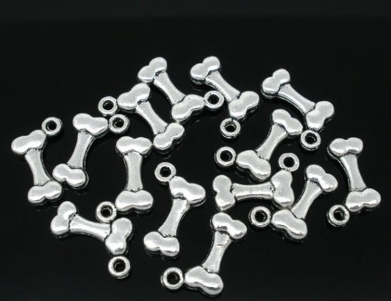 Metal Alloy Bone Pendant Charm, Set of 10 or 50, Antique Silver tone Jewelry Supply, Tibetan Style Dog Bone, 17x11mm image 1