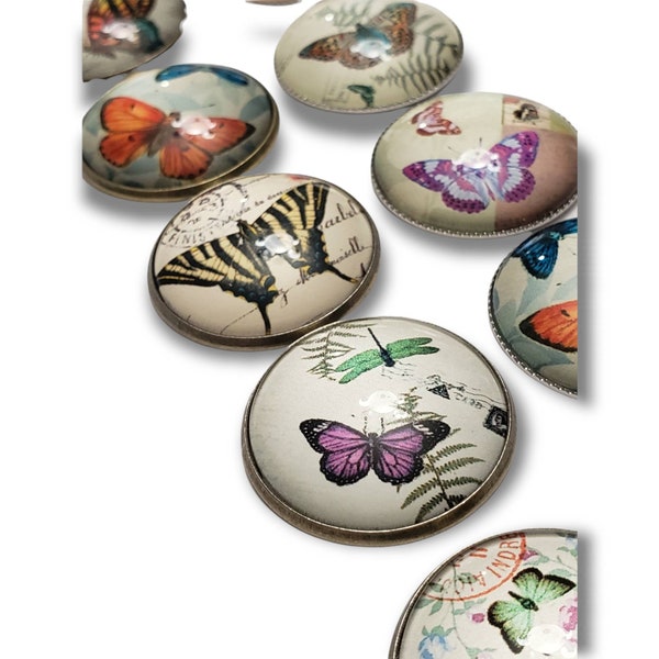 Butterfly Refrigerator Magnet Set 25mm Glass Cabochon, Set of 5, Choose Stainless Steel or Antique Bronze, Purple Burlap Gift Pouch
