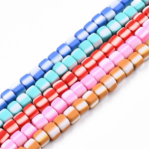 5mm Cube Polymer Clay Bead Strand, 1.2mm Hole, Brightly Colored Striped Beads for DIY Bracelets, Earrings and Necklaces, Choose Color