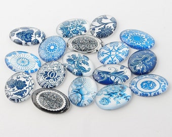 Oval Glass Cabochon Assorted Blue and White Floral, Round Flat Back, Set of 10 or 50, Mixed Lot Jewelry Making, Choose 25x18mm or 18x13mm