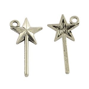 Metal Alloy Fairy Wand Charm with Star set of 10, 50, or 200 Antique Silver Tone Jewelry Supply, Tibetan Style Neck Magic Wand Princess