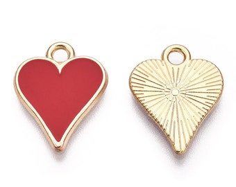 Gold tone Red Enamel Pointy Heart Charm, Sold in lots of 10, 16x12mm Charm, Wedding, Valentines Celebration, Small-Medium Pendant Charm