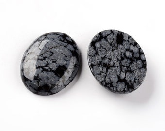 Natural Snowflake Obsidian Cabochon Oval, choose 18x13, 25x18 or 40x30mm, Sold Individually, Black Flat back Cabochons for Jewelry Making