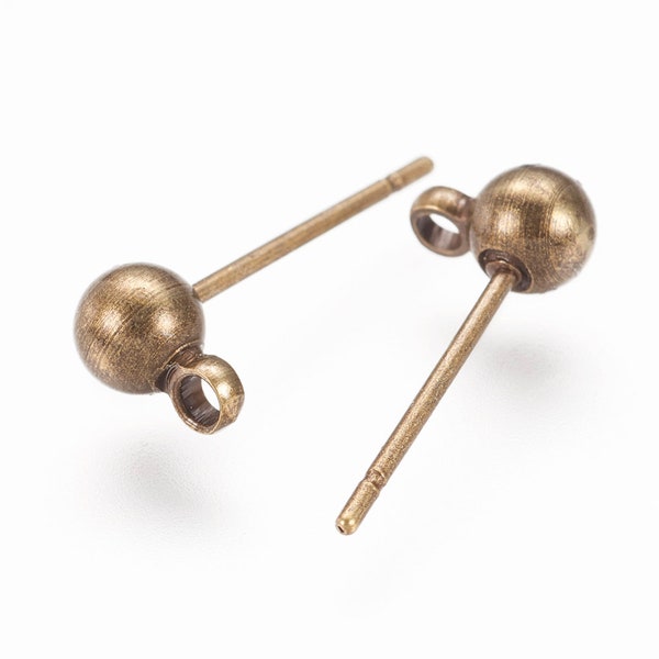 Brass Alloy Stud Earring Ball with Drop Loop, Jewelry Findings for Earrings, Sold in sets of 10 or 50, .8mm Post, Antique Bronze
