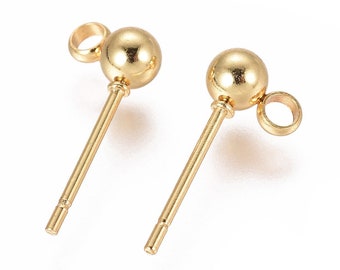 Golden Stainless Steel Stud Earring Ball with Drop Loop, Jewelry Findings for Earrings, Sold in sets of 10 or 50, .8mm Post