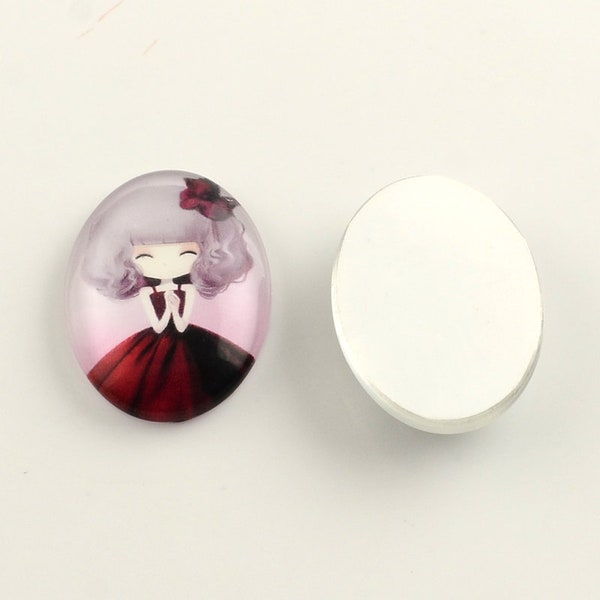 25x18mm Oval Glass Cabochon Blonde Hair Girl Red Dress, Oval 18x25mm, Set of 10 or 50, Glass Cabs for Jewelry Making or Magnets