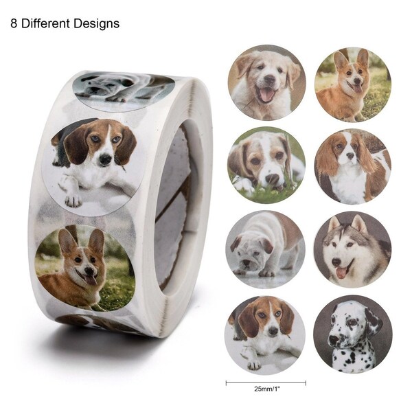 Choose Cat or Dog - Sticker Roll, 500 Stickers roll, 1" Diameter Sticker, 8 Designs of Cats or Dogs, Cute Pet Stickers