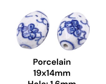 Porcelain Blue and White Oblong Beads, 19x14mm, Hole 1.6mm, Set of 5 Beads, Chinese Character Beads