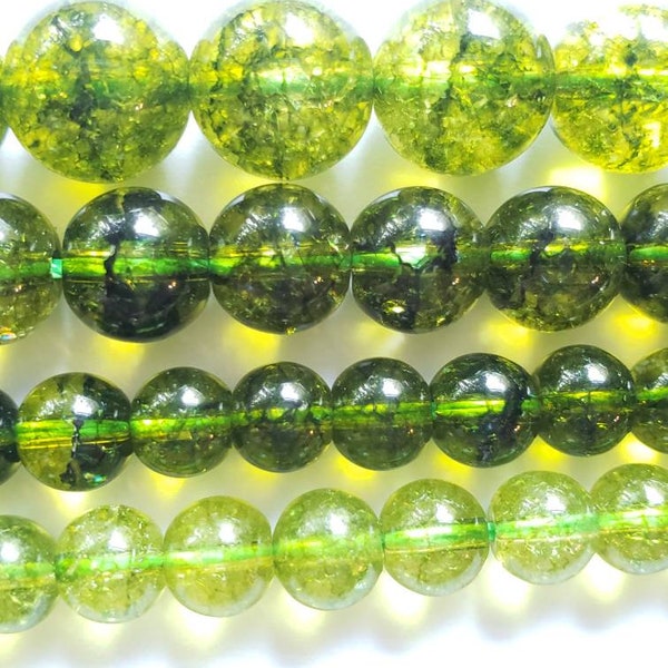 CLOSEOUT Crackle Glass Faux Peridot Green Strand 15", Hole 1mm, Green Glass Bead Strand, Heart Chakra, Choose 6mm, 8mm or 10mm