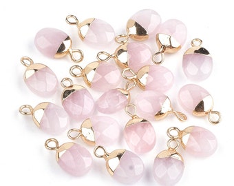 Natural Faceted Rose Quartz Oval Shaped Pendant Finding, Gold tone Electroplated edge, 15x8x5mm, Gemstone Charm for DIY Jewelry, 1 piece