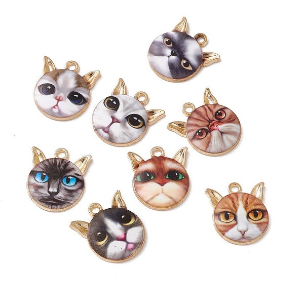 Gold tone Enamel Mixed Lot Round Cat Head Charm, Sold in lots of 10, Bulk Charm, Cat Lover