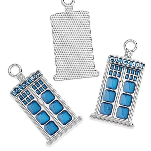 Silver tone Enamel Blue Police Box, Lots of 5 charms, Doctor Who Inspired Medium Pendant Charm, Choose Size 50mm or 27mm Tall
