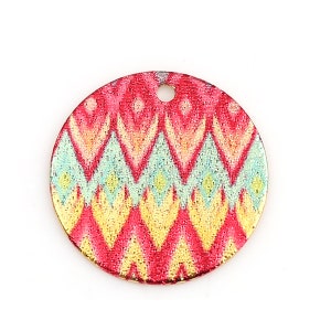 Gold tone Zinc Alloy Enamel Painted  Round Charm, Set of 5, Zig Zag Multicolor Earring or Pendant Component, 3/4&quot; Dangle, 20mm