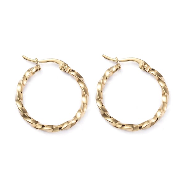 Better 2 Pairs 201 Twisted Golden Stainless Steel Hoop Earrings for Wire Wrapping, DIY Earrings, 12 Gauge, 25mm or 32mm  Diameter, Pin .8mm