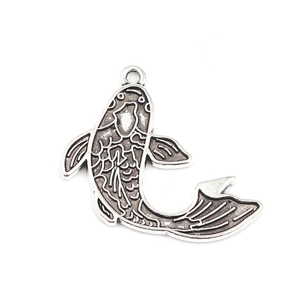 Metal Alloy Ornate Koi Charm set of 10, Antique Silver Tone Jewelry Supply, 30mm, Tibetan Style Neck Koi Goldfish Pendant