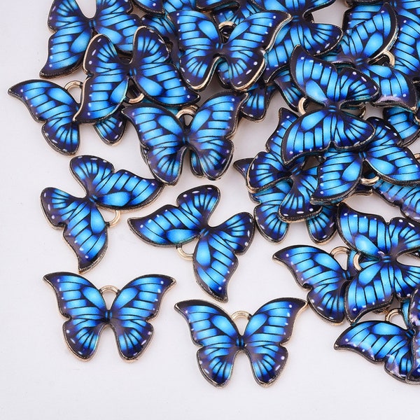 Golden Toned Blue Enamel Butterfly Charm, Sold in lots of 10, Nature or Critter Lover, Blue and Black Butterfly