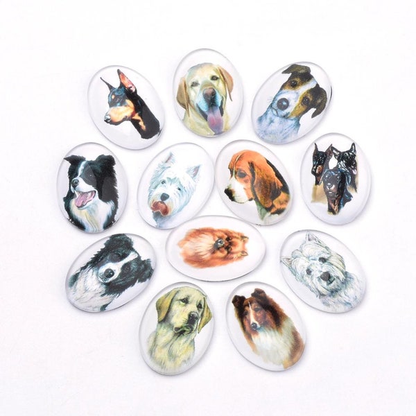 25x18mm Oval Dog Portrait Cabochons, Flat Back, Set of 10 or 50, Mixed Lot Jewelry Making, Doggy Cameo, Shephard, Retriever Pinscher Terrier