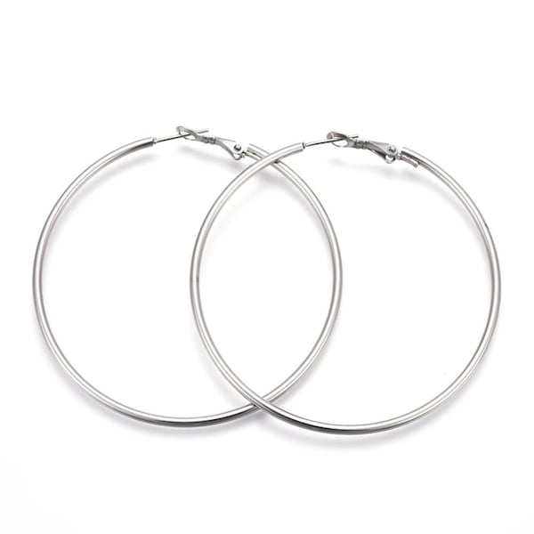 Better Quality 2 Pairs of Your Choice 30, 60 or 70mm 304 Stainless Steel Hoop Earrings for Wire Wrapping, 12 Gauge, Pin .8mm, Snap Lever